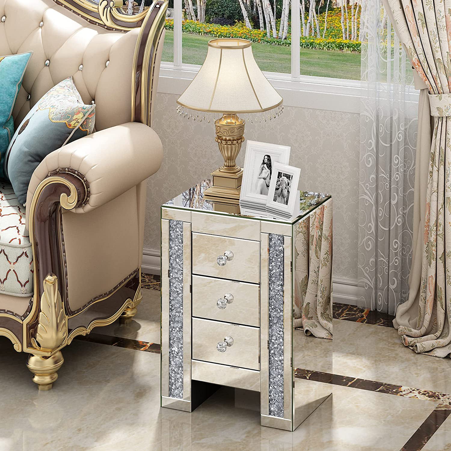 3-Drawer Bedside Table Mirrored Nightstand End Table Crushed Crystal 3  Drawer Cabinet end Table for Living Room,Hall,Bedroom - Walmart.com