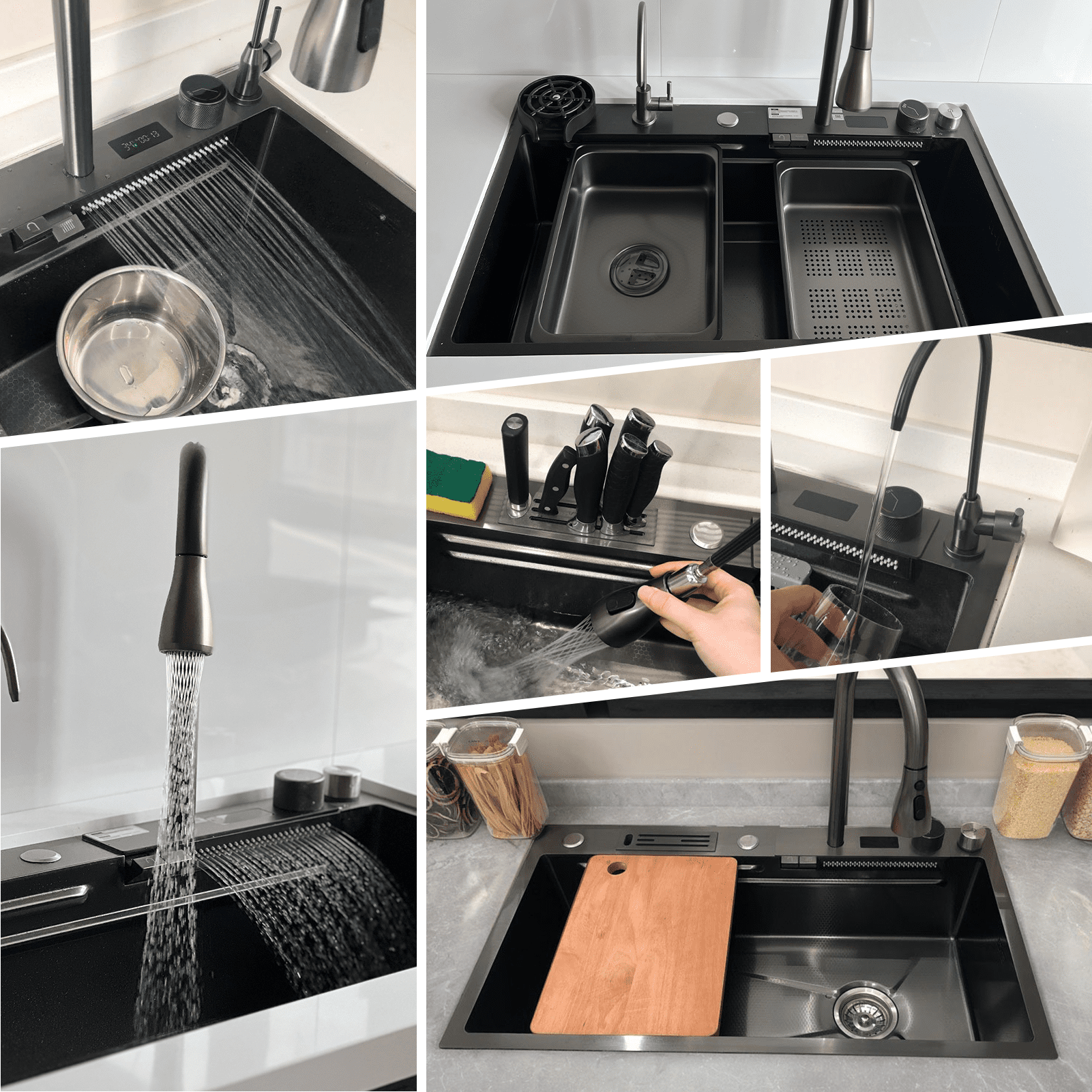 31.5 In Smart Waterfall Kitchen Sink with Temperature Display Faucet,Black Stainless Steel Drop In Single Bowl Sink,Topmount Workstation Bar Sink,with Knife Holder & Accessories