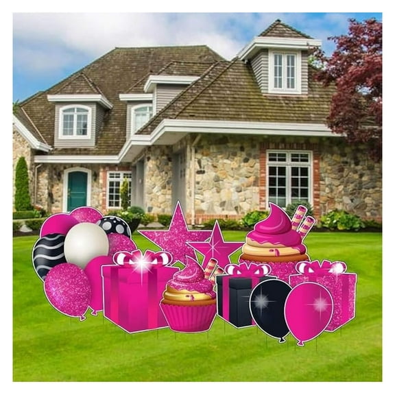 Birthday Decorations Pink - 10 Piece Sparkle Yard Sign Kit - Outdoor Birthday Signs for Lawn, Cupcake, Present & Balloon Decorations