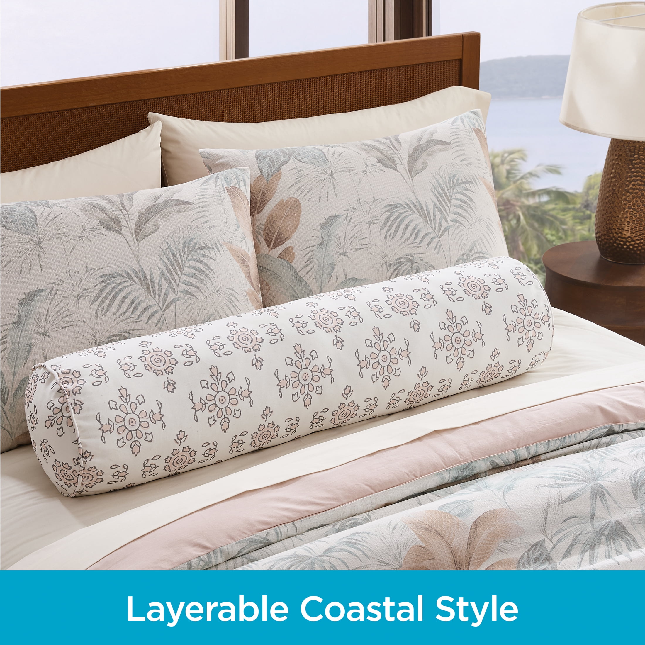 Coastal Living 9" x 36" Ivory & Coral Floral 100% Cotton Decorative Bolster Pillow for Bed
