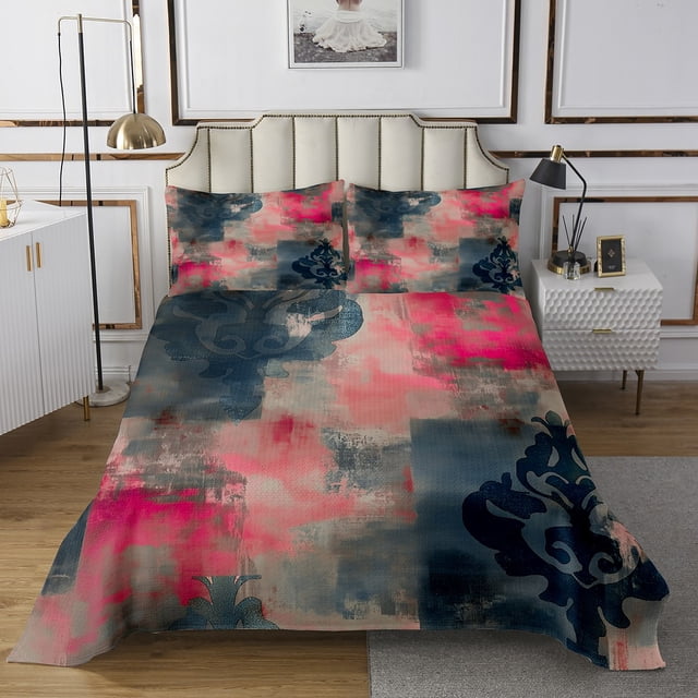 Erosebridal Oil Printing Coverlet Set King, Damask Flower Bedding Set, Boho Watercolor Decor 3-Piece