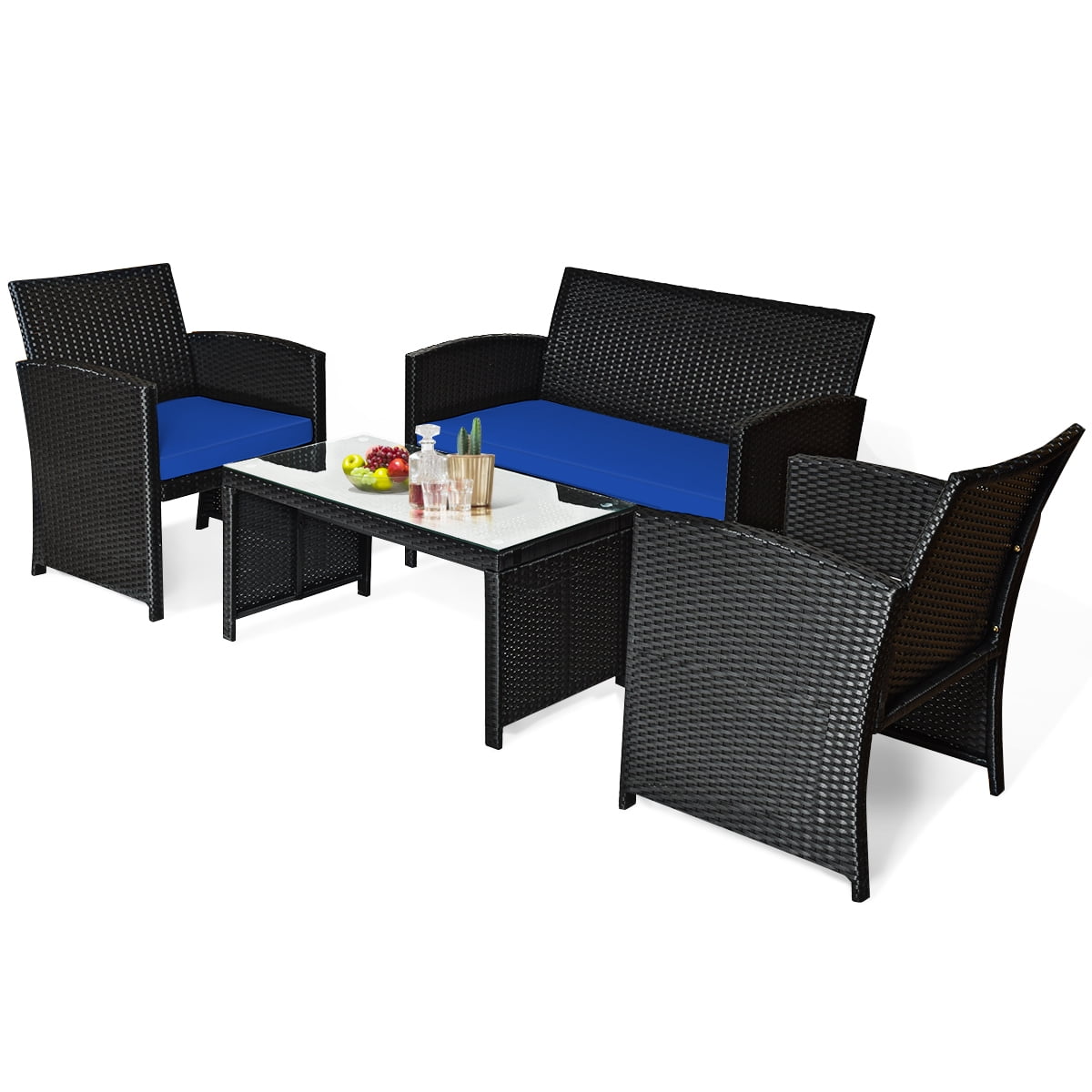 Costway 4PCS Patio Rattan Furniture Conversation Set Cushion Sofa Table Garden Navy