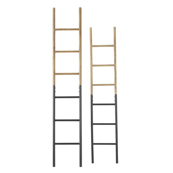 DecMode 71", 62"H Brown Wood Slim Two-Toned 12 Rug Ladder with Black Metal Bases, 2-Pieces