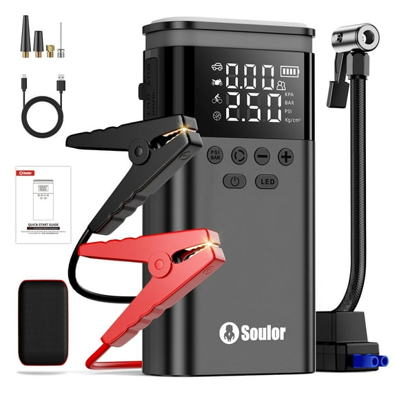 Jump Starter with Air Compressor, 4000A Battery Jump Starter (for 5.0L Gas or Up to 3.5L Diesel),150PSl Digital Tire Inflator with Emergency Light
