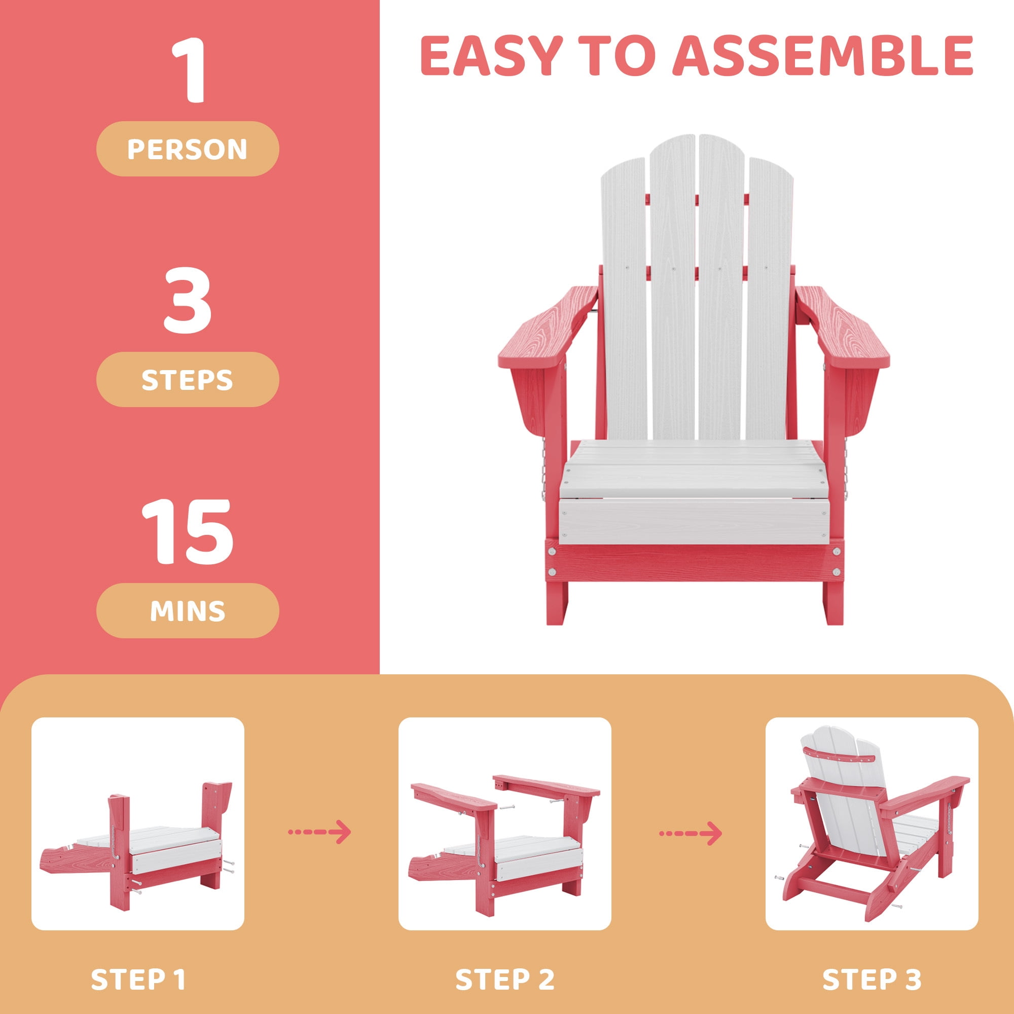 FUNDAZE HDPE Adirondack Outdoor Chair, Foldable & Weather-Resistant Patio Chair for Garden Lawn Deck,Pink and White