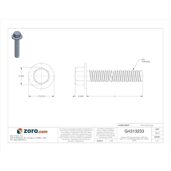 Tapcon LDT Concrete Screw, 3/8" Dia., Hex, 5" L, 410 Stainless Steel Zinc Plated, 40 PK
