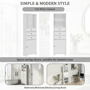 Tall White Storage Cabinet with 3 Drawers, Adjustable Shelves, Ideal for Bathroom, Kitchen, and Living Room