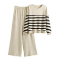 thumbnail image 1 of Puntoco top De Manga Larga Con Cuello Redondo A Rayas A La Moda Para Mujer + Traje De Punto Con Pantalones Beige, 1 of 2