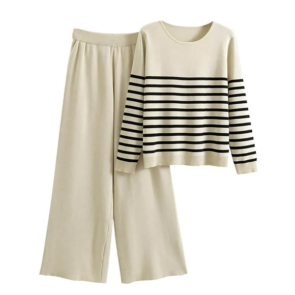 Blouses for Women, Womens Fashionable Striped Round Neck Long Sleeved Top Pants Knitted Side Slit Set