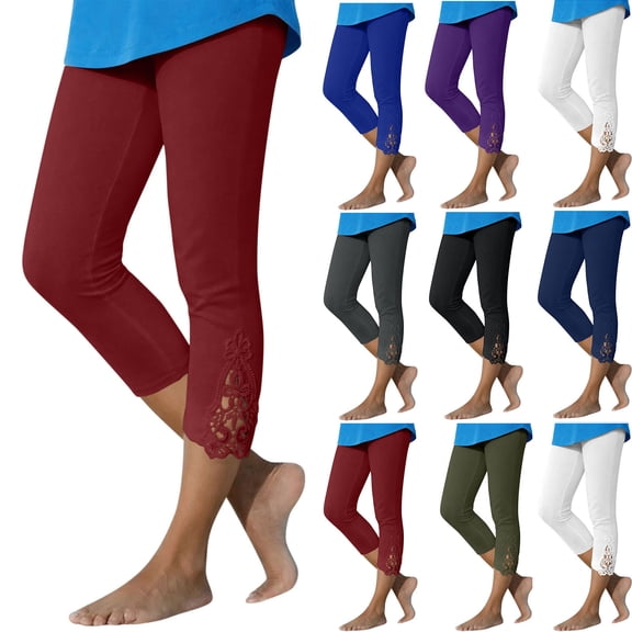 HomeDM Leggings for Women Lace Trim Bottom High Waisted Wine Workout Athletic Running Yoga Capri Pants Size L