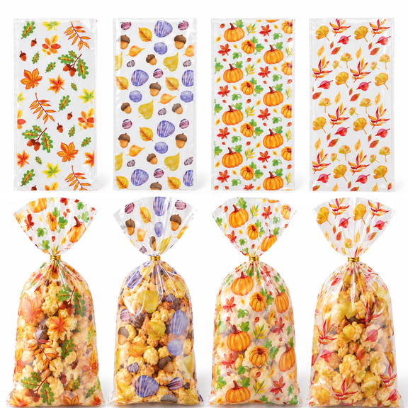 Thanksgiving Cellophane Bags Pumpkin Candy Bag Maple Leaves Goodie Bags with Twist Tie for Thanksgiving Fall Party Supplies 100Pcs