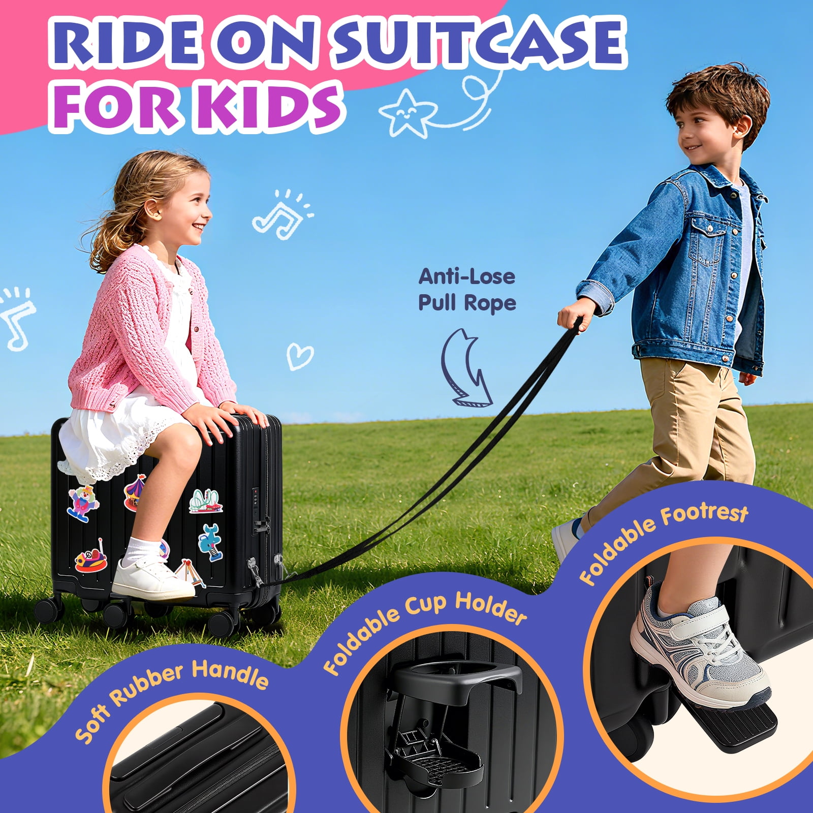 Advwin Ride-On Kids Luggage with Pull Strap, Footrests, Cup Holder, 6 Wheels & Adjustable Handle, 18-Inch Spinner Suitcase with Stickers & Boarding Pass, Black
