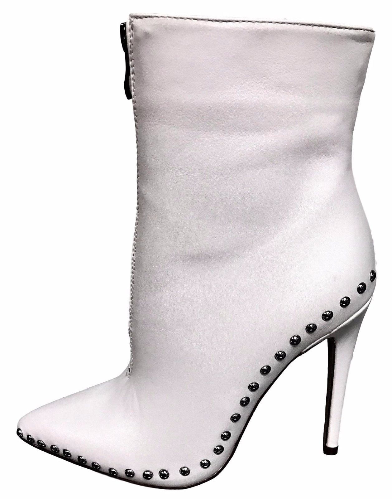 Gisele-4 Ankle High Stiletto Heel Pointed Pointy Toe Studs Spike Zipper Boots White Gisele-4 Ankle High Stiletto Heel Pointed Pointy Toe Studs Spike Zipper Boots White