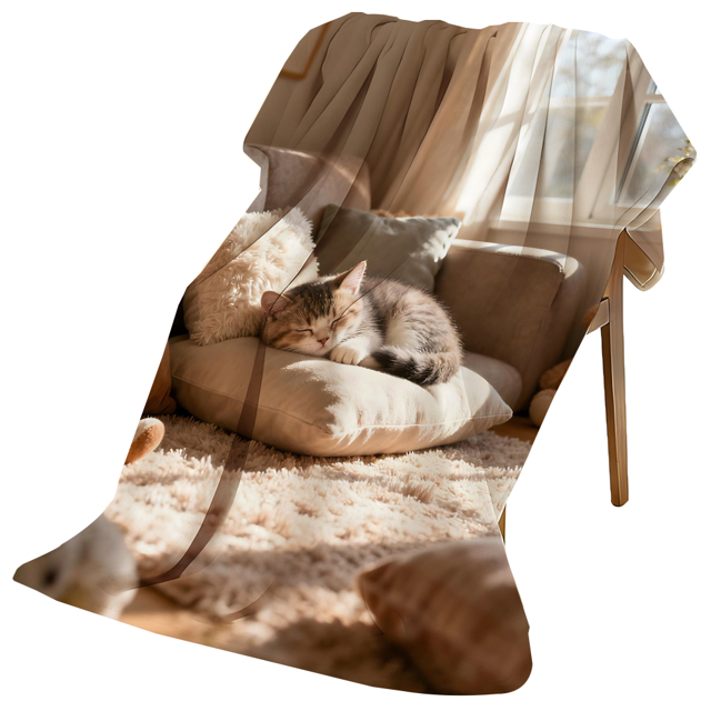 True-to-Life Cat Photo Blanket Curled Kitten Sleeping on Pillows Sunbeam Flannel Throw Generous Size Plush Blanket Home Comfort Blankets for Pet Owners Adults Snuggle Warm Blankets for Living Room