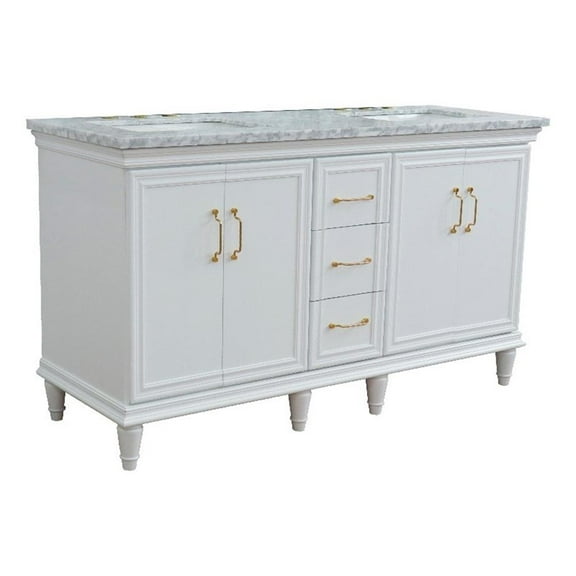 61 in. Double Wooden Vanity White White Carrara Marble Rectangle Sink