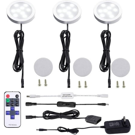 

Dimmable LED Under Cabinet Puck Lights 3 Lamps Kit with RF Remote Control for Home Kitchen Counter Lighting (Daylight White 6000K)