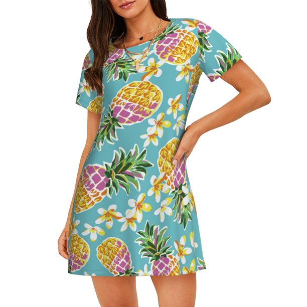 Balery Cute Pineapples Camisón de manga corta con cuello redondo para mujer, cómodo y elegante.