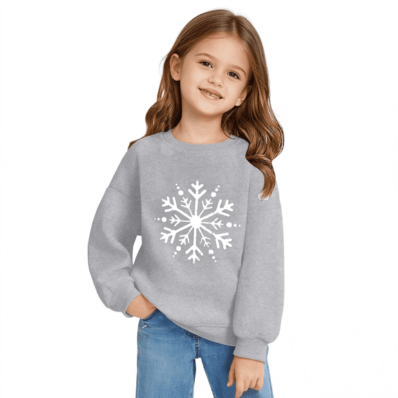 Gray Girls Snowflake Graphic Sweatshirt 7-8 Years,Long Sleeve Crew Neck Pullover,Winter Holiday Party Casual Top for School Daily Wear Outfits