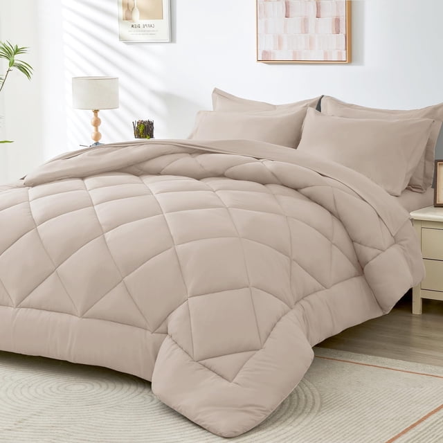 Juego de edredón HEVUMYI Beige Tan Queen de 7 piezas para todas las estaciones