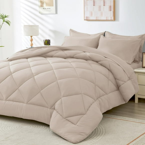 Juego de edredón HEVUMYI Beige Tan Queen de 7 piezas para todas las estaciones