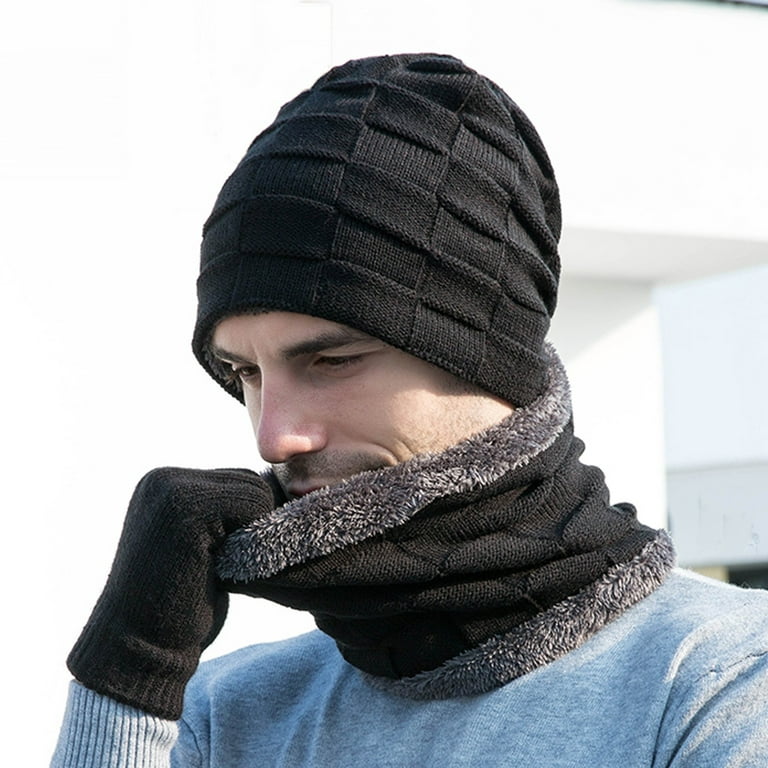 Wendunide Clothing Accessories Men's Winter Knitted Windproof Hat Scarf Gloves Three-Piece Winter Knitted Hat Men's Warm Hat Black, Size: One Size