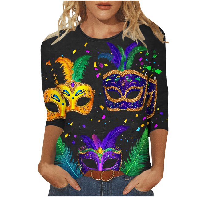 Penkiiy Blouse Carnaval Manches 3/4 Chemise de Printemps Quotidienne Tee Imprimé Masque Blouse Mardi Gras Col Rond 2024 Tee Tunique Habillée S Multicolore