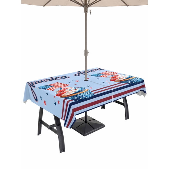 Outdoor Tablecloth with Umbrella Hole for Patio/Picnic/Party/Camping, American Ice Cream Waterproof Table Cloth Rectangle Table Cover Washable, USA Flag Blue Red Striped (60"x 84")