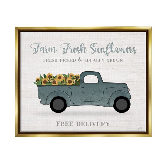 Stupell Industries Farm Fresh Sunflowers Rustic Pickup Truck Sign Graphic Art Metallic Gold Floating Framed Canvas Print Wall Art, Design by Natalie Carpentieri