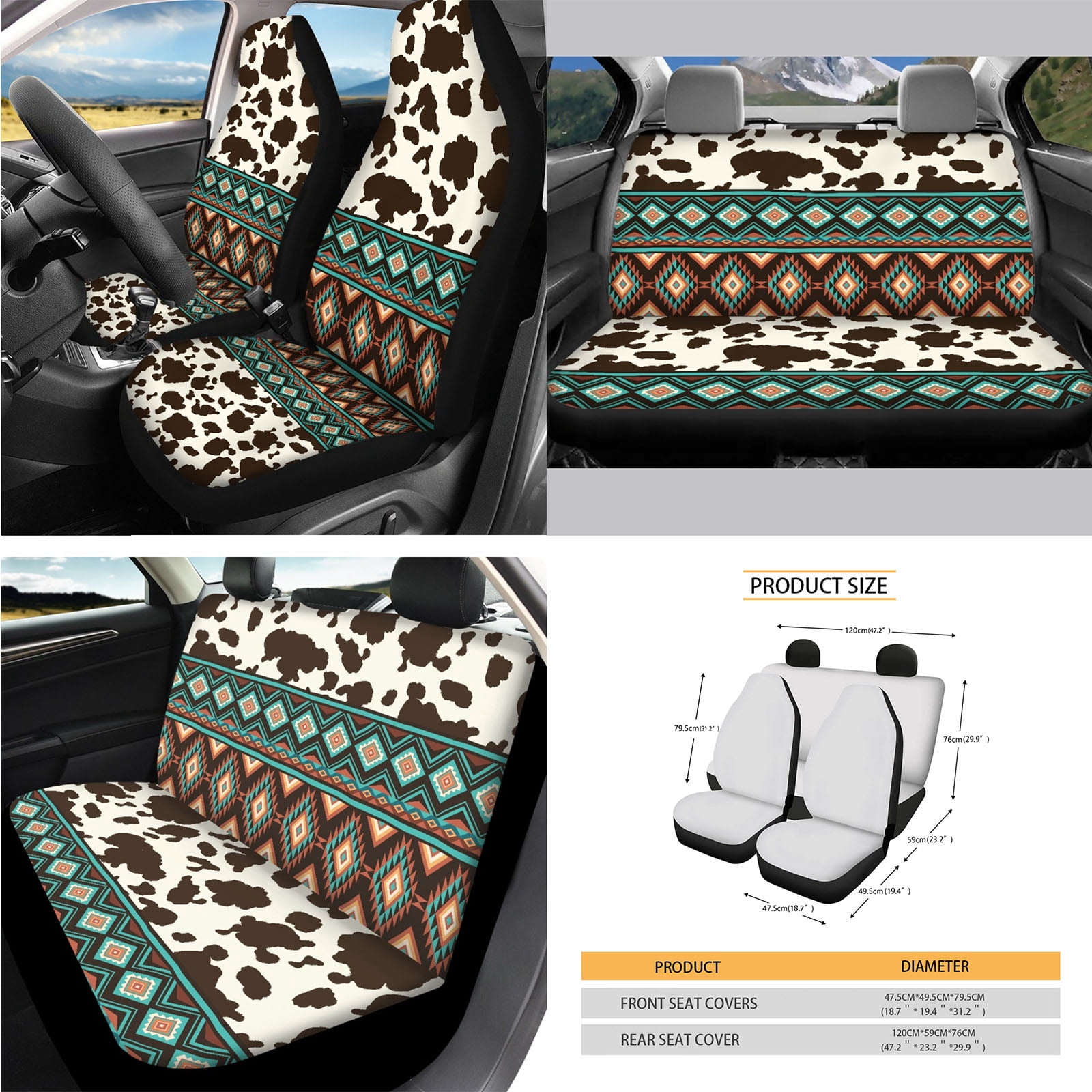 Yuyamidu 14 PCS Aztec Car Seat Cover Set with Steering Wheel Cover Seat Belt Covers Waste Bin Center Console Pad Brown Cow Print Rear View Mirror Cover Handbrake Cover Set Coasters for Truck Sedan
