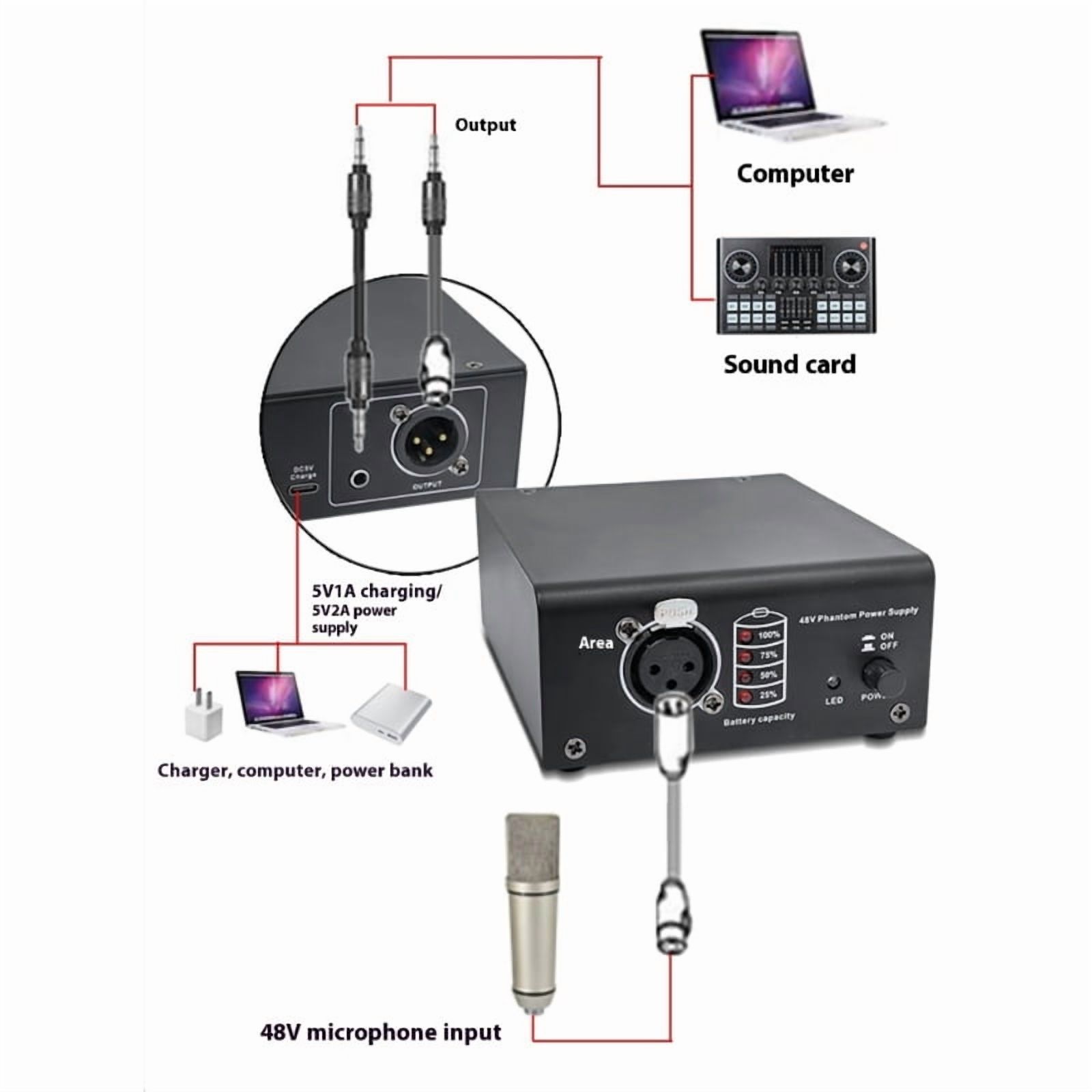 Powerful 48V Power Supply with 2M 3Pin Cable for Condenser Microphones Durability Portables