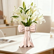 Valentine Decor Pink Bow Vase White Lilies Floral Arrangement Modern Home Table Centerpiece Valentine's Day Gifts