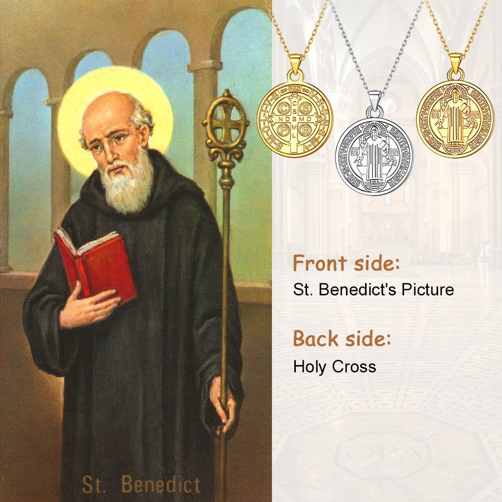 Silvora 18K Gold Plated St Benedict Medal Necklace 925 Sterling Silver Saint Benedict Pendant Chain Catholic Jewelry Gift for Women Men