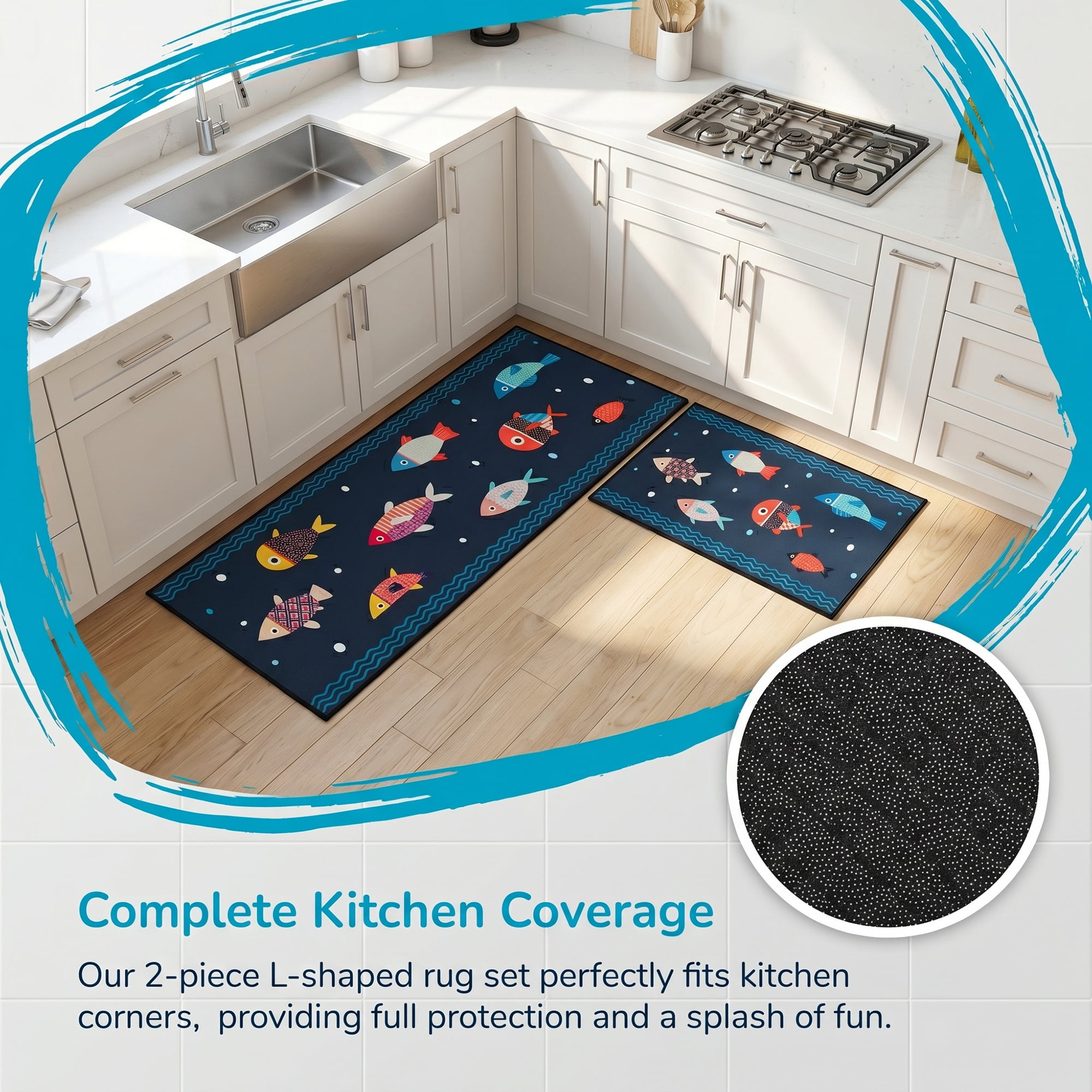 Unique Bargains Non Slip Fish Floral Printed Kitchen Rugs and Mats Black 31"x20"+47"x20"