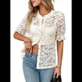 thumbnail image 3 of Camisa Informal de Encaje con Mangas Abullonadas y Cuello Redondo con Ojales para Mujer, Color Albaricoque M, 3 of 9