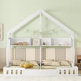 thumbnail image 3 of Twin Size House Floor Bed with Roof, Wood Double Twin Beds with Shelves and Guardrail for 2 Kids, Two Shared Beds Montessori Bed Frame, House Platform Bed for Girls Boys, Creamy White, 3 of 9