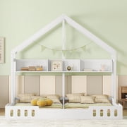 Twin Size House Floor Bed with Roof, Wood Double Twin Beds with Shelves and Guardrail for 2 Kids, Two Shared Beds Montessori Bed Frame, House Platform Bed for Girls Boys, Creamy White