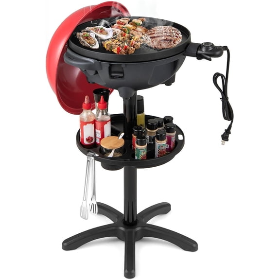 XPOPR Electric Grill Outdoor, 1200W Electric BBQ Grills Outdoor Cooking with Lid & Thermometer, Nonstick Griddle, Drip Tray, 2-in-1 Freestanding & Tabletop Grill for Apartments Backyard Party, Red