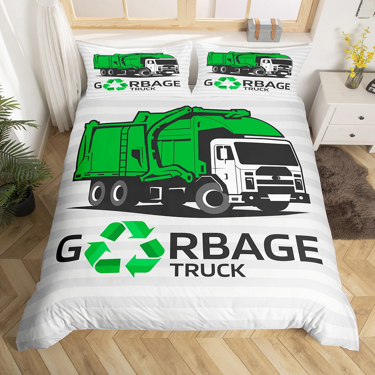 Recycling Trash Truck Bedding Set for Kids Boys,Green Equipment Truck