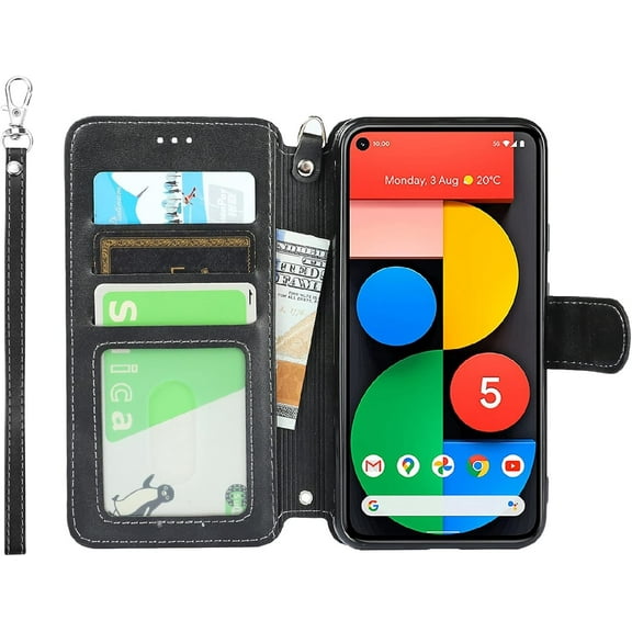 Wallet Case for Google Pixel 5 with Card Holder Slots,Kickstand Phone Cover Premium Leather Magnetic Closure Slim Flip Shockproof Wrist Strap Case for Google Pixel 5 6.0",Black