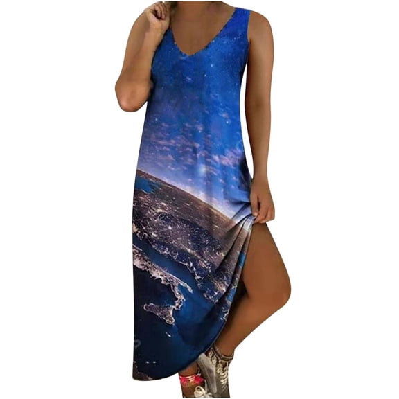 IROINNID V-Neck Shift Dress For Women Casual Plus Size Print Pockets Sleeveless Long Dress Comfort Waist Dress