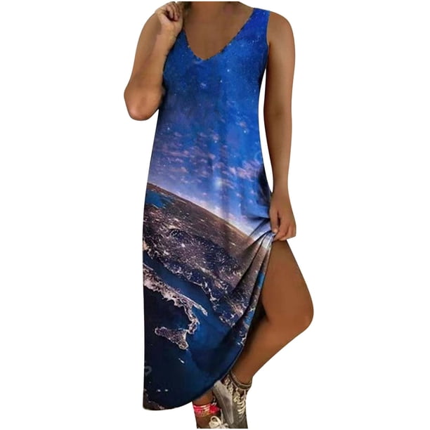 Vestido largo sin mangas con bolsillos con cuello en V y estampado informal de talla grande para mujer Fridja hj3351