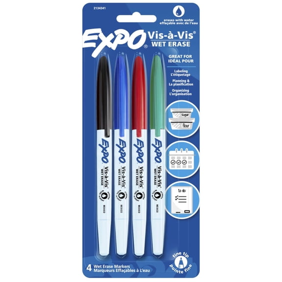 EXPO Vis-a-vis Wet-Erase Overhead Markers, Fine Point, Assorted, 4 Count (16074)