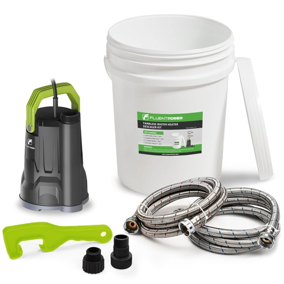 FLUENTPOWER Tankless Water Heater Descaling Flush Kit, Includes 1/2HP Submersible Utility Water Pump with Adapters, 5.3 Gallon Pail with Bucket Lid Opener, Two 3/4"GHT x 6' Stainless Steel Hoses