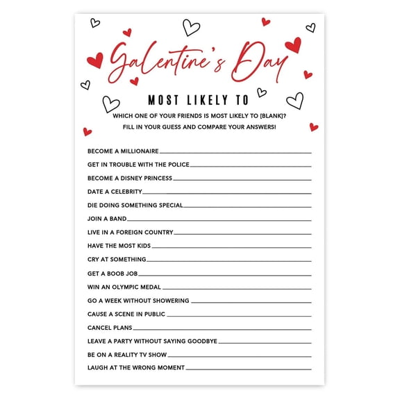 Koyal Wholesale 4"x6" Galentines Day Games for Women, Red & Black Most Likely To, Fun Brunch & Girls Night Activities, 24-Pack