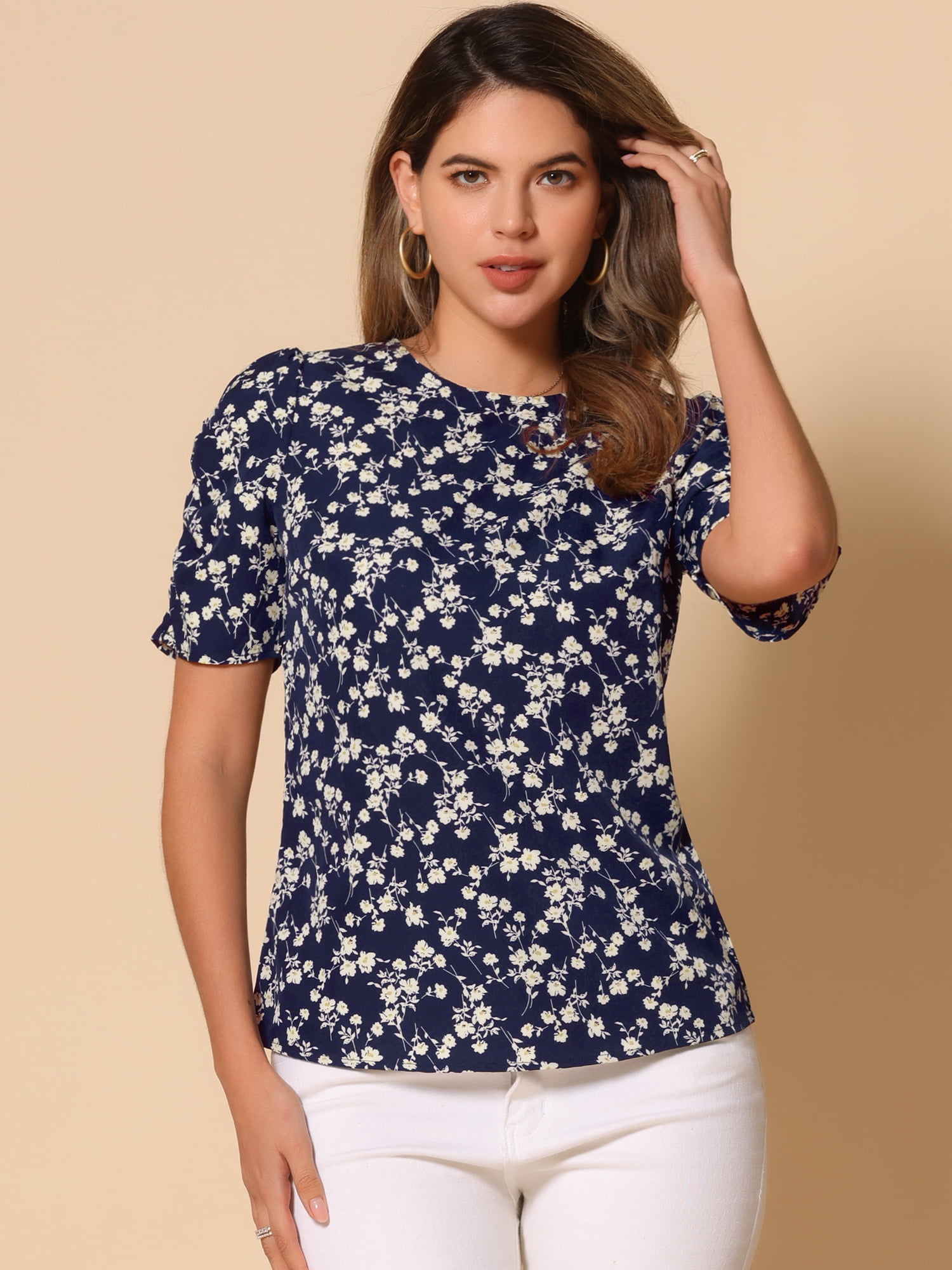 DARING DIVA Floral Crew Neck Shirred Short Sleeve Casual Top S Dark Blue White