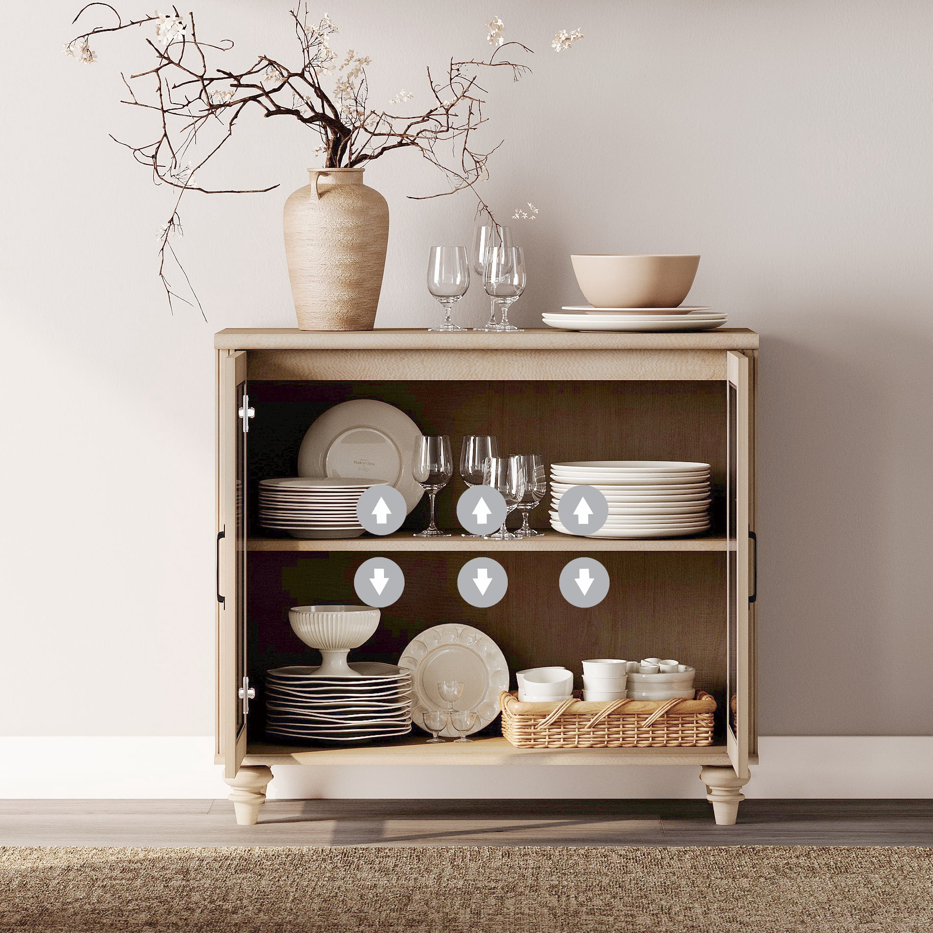 100" TV Stand, Ample Storage Cabinet with 8 Glass Doors, Wooden Entertainment Center Storage Cabinet for Living Room or Dining Room or Bedroom, Beige