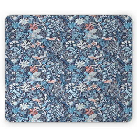 Jacobean Mouse Pad, Spring Themed Floral Damask with Petals Oriental Motif on Stripes, Rectangle Non-Slip Rubber Mousepad, Slate Blue Multicolor, by Ambesonne