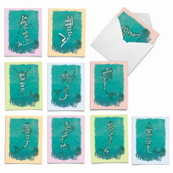10 Assorted All Occasion Blank Note Cards with Envelopes (4 x 5.12 Inch) - Mermaid Quotes