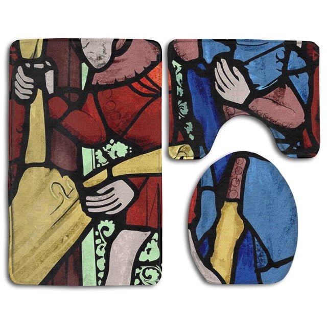 ABPHQTO Ventana de vidrio de mancha medieval Mix Juego de alfombras de baño de 3 piezas Alfombra de baño Alfombra de contorno y tapa de inodoro