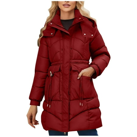 Kukoosong Women s Winter Down Jackets Fashion Casual Long-sleeved Parkas Hood Pocket Cinched Waist Puffer Coats